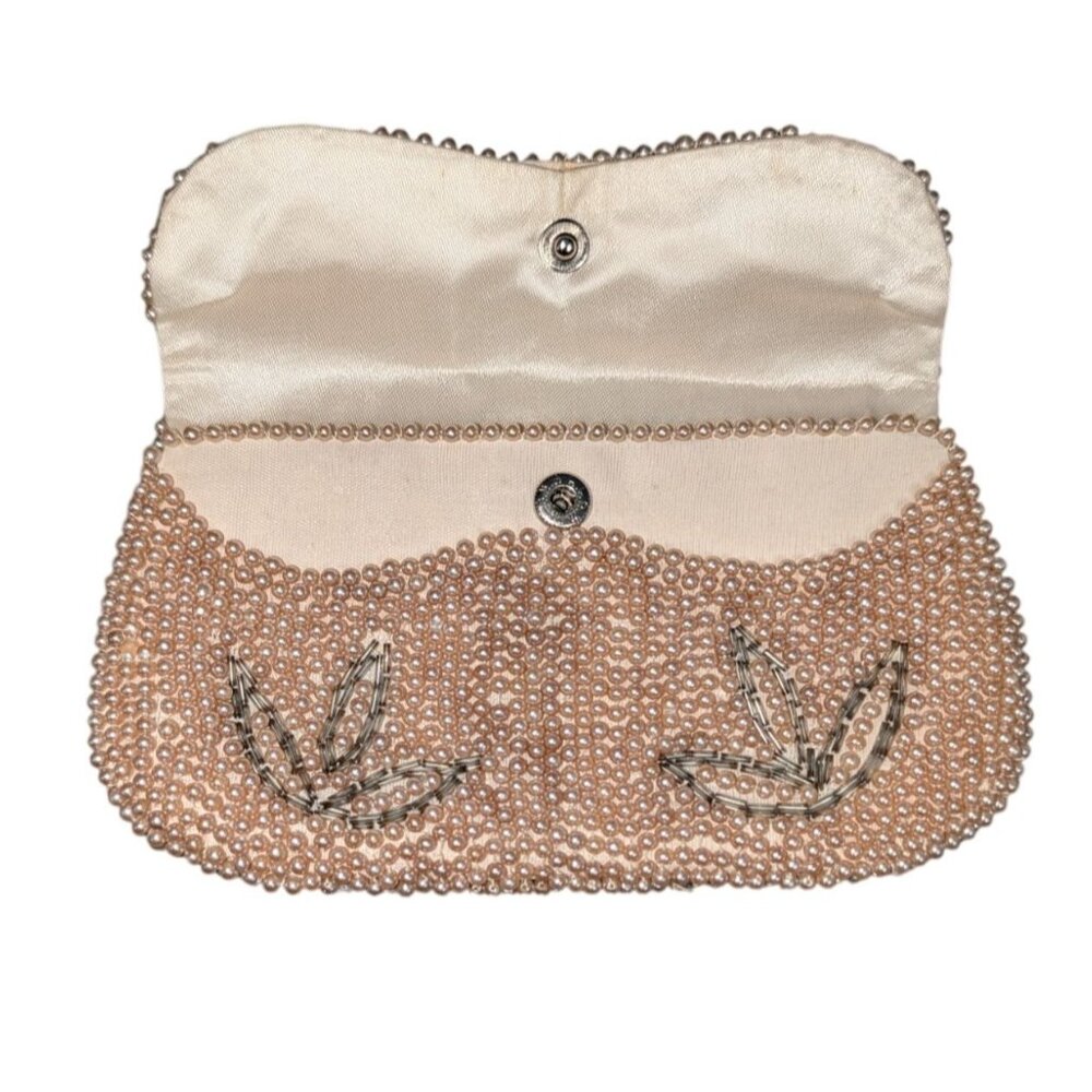 Vintage Pearl Beaded Clutch Floral Design made in Japan 4x7 Inches - Picture 4 of 11